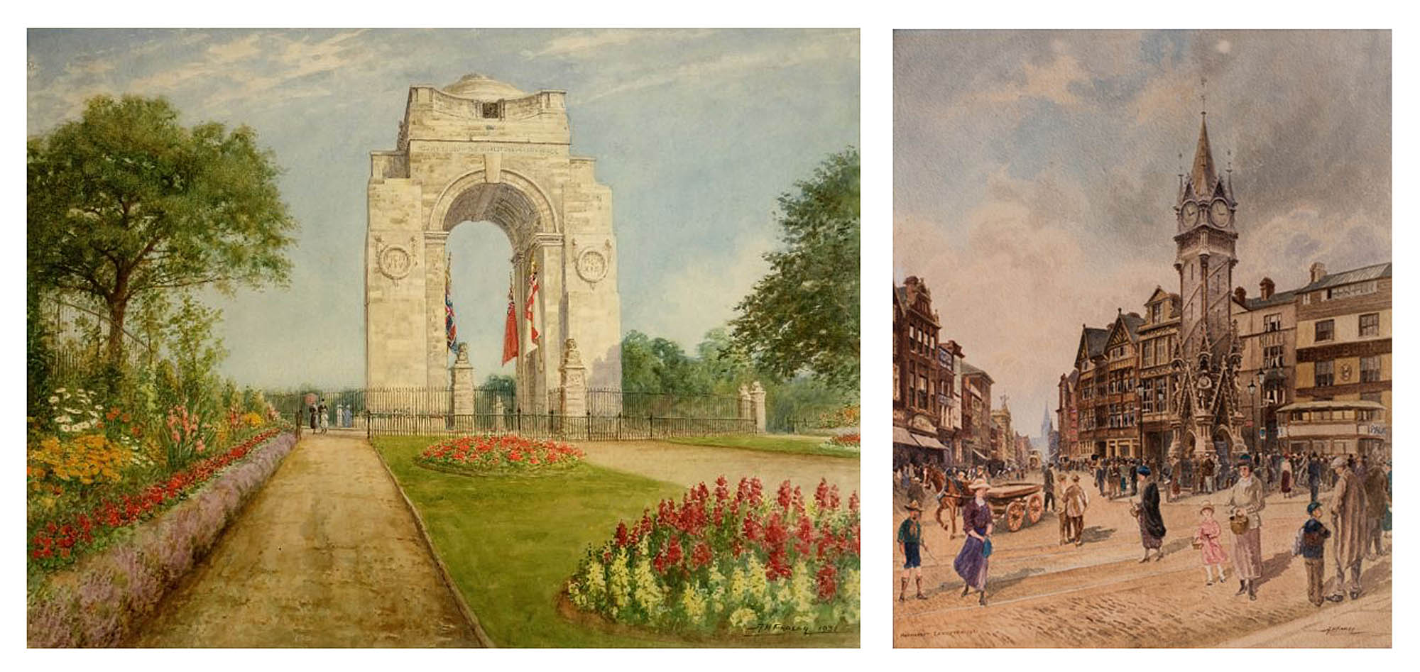 'The War Memorial, Leicester' and 'The Clock Tower' are both part of Leicester's collections.
