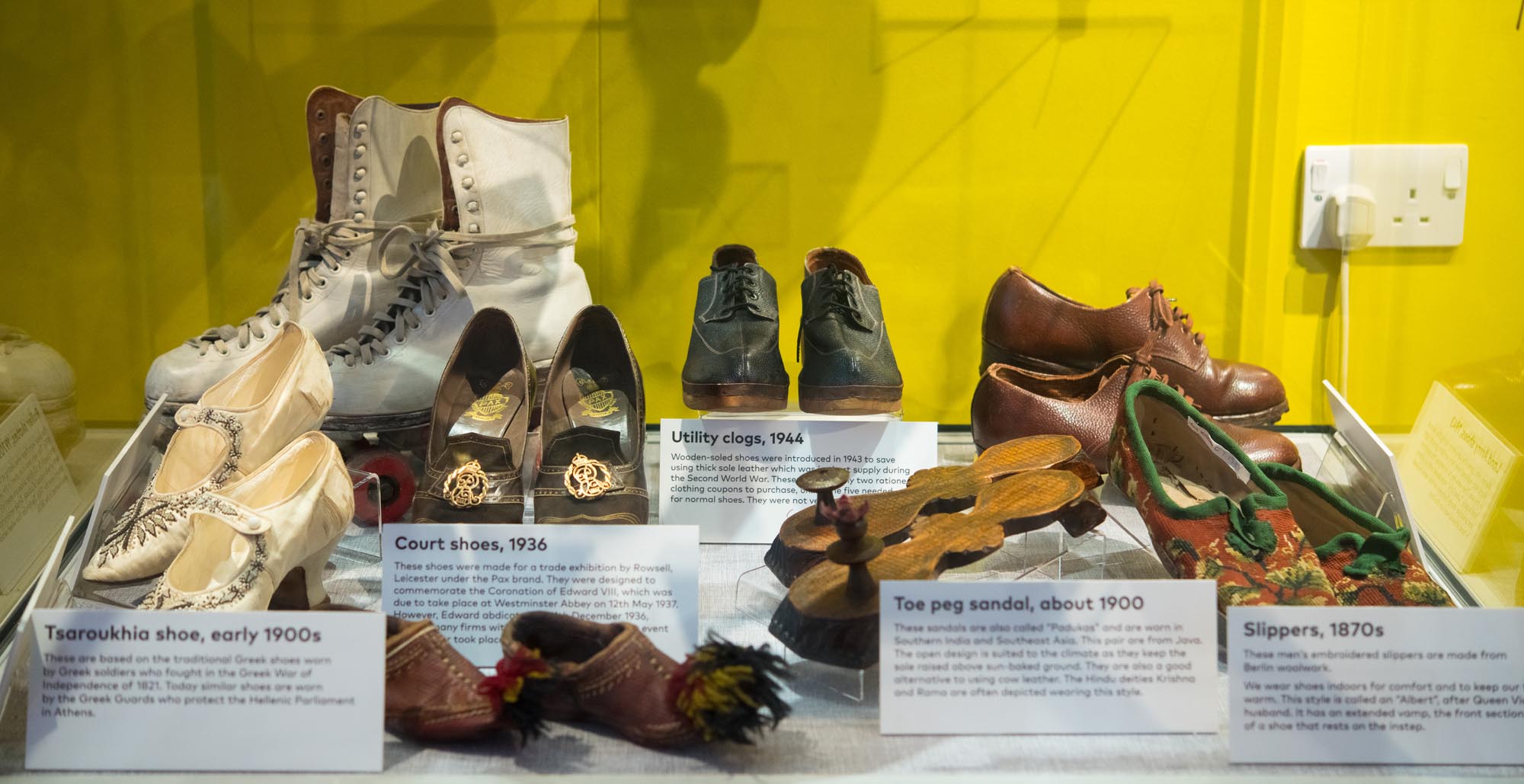 Various historical shoes on display in the exhibition