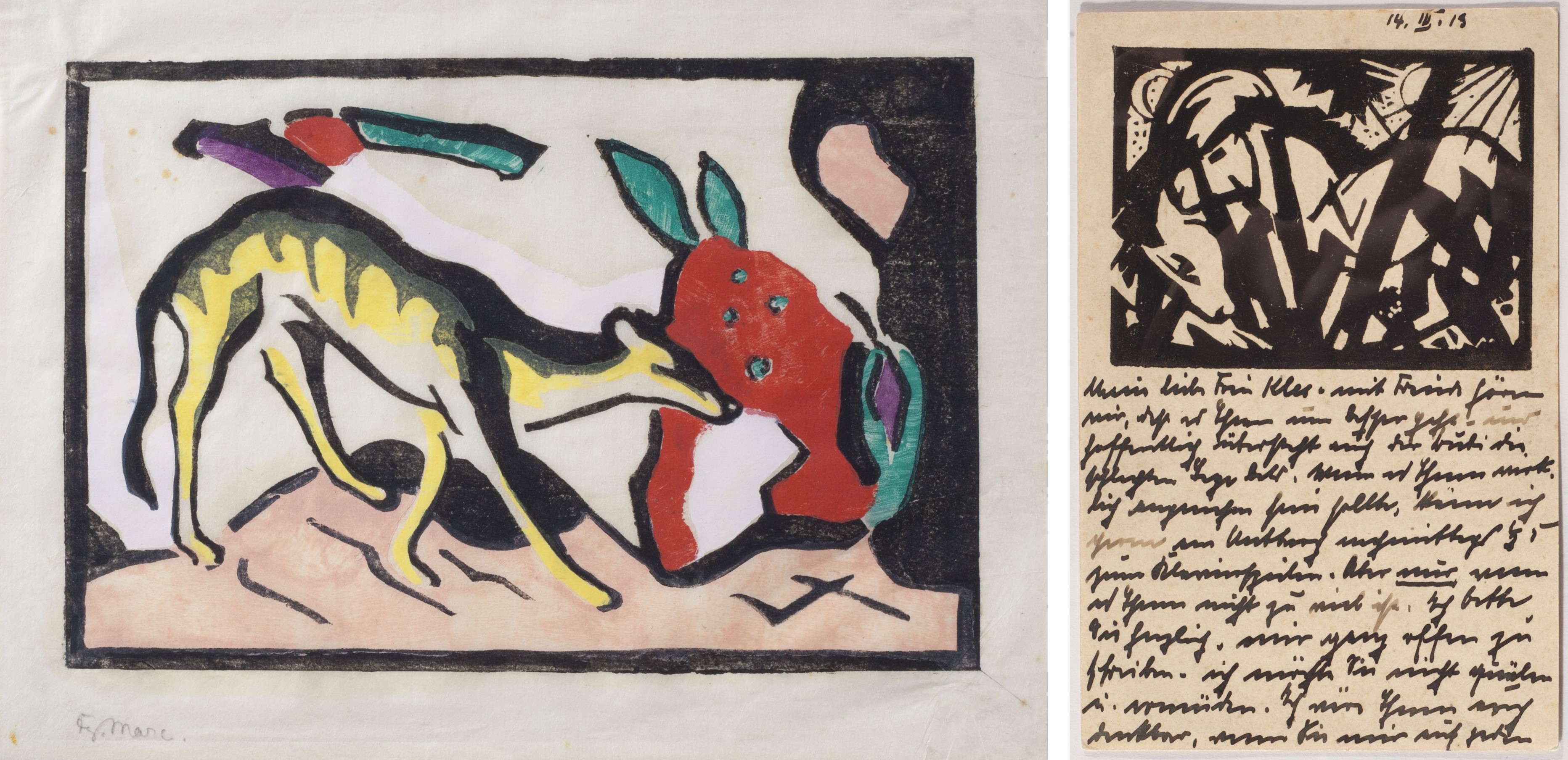 Left to right: ‘Animal from a Fable (Gazelle)’ colour woodcut colour and ‘Wild Horses’ woodcut postcard by Franz Marc, 1912