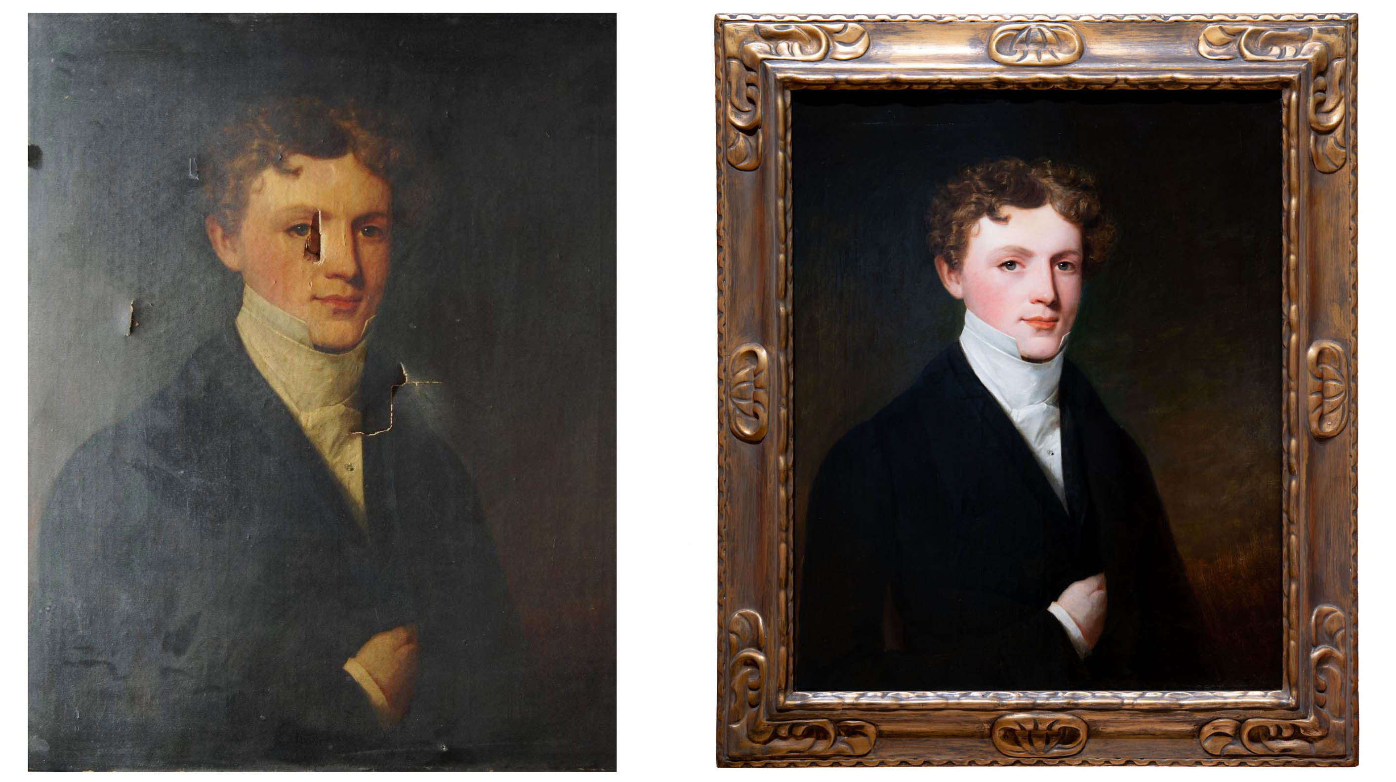 The painting before, and after conservation work.