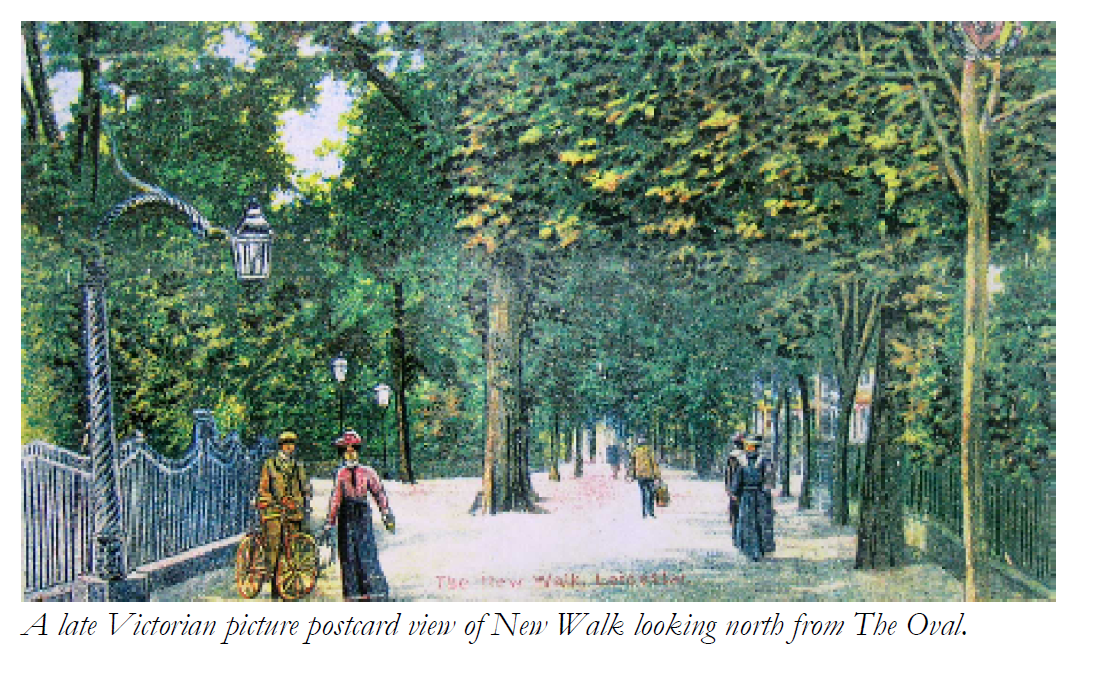 A late Victorian picture postcard view of New Walk looking north from the Oval