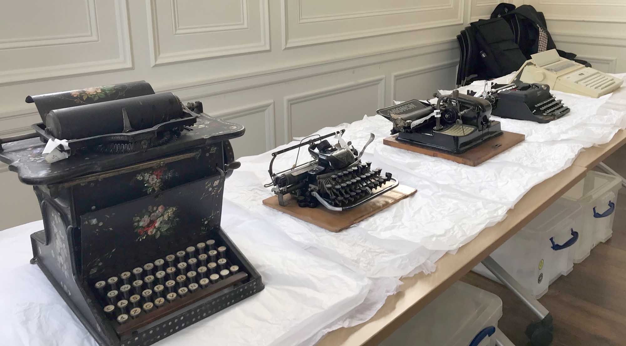 Five typewriters from the Museum collection at the student workshop